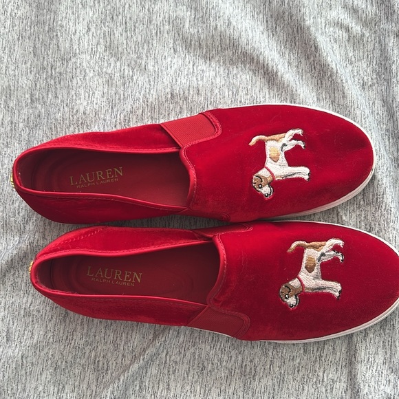 Ralph Lauren red velvet Jinny dog slip on sneaker - Picture 4 of 5